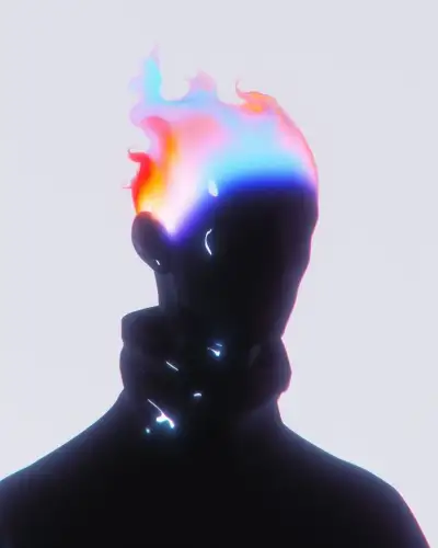 the silhouette of a person wearing a black suit with colorful hair on top of their head