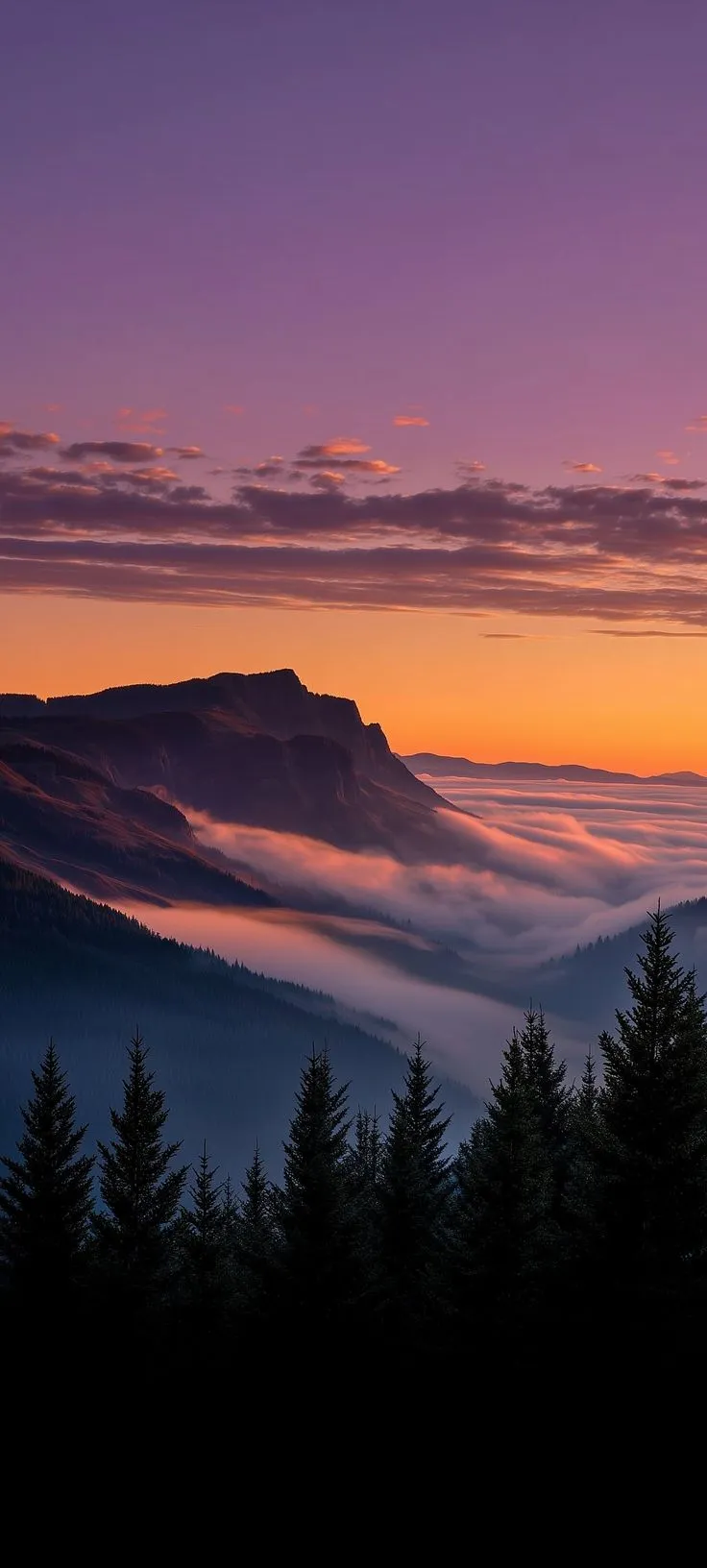 the sun is setting over some mountains with fog rolling in on them and trees below