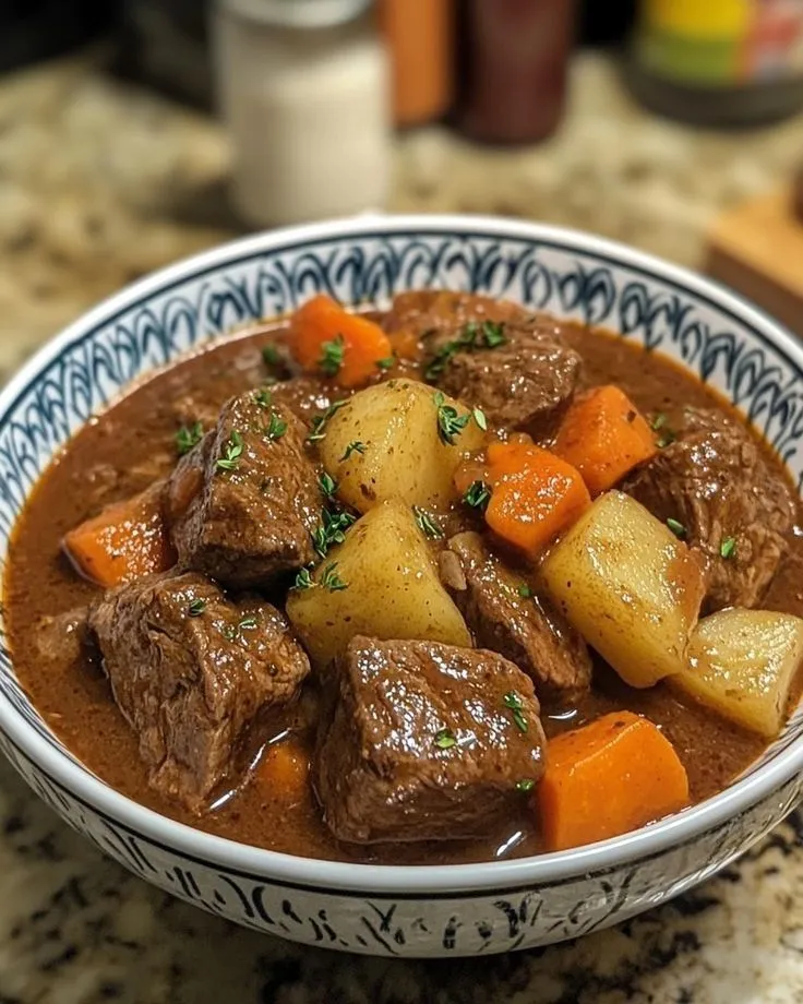 a bowl filled with stew and carrots on top of a table