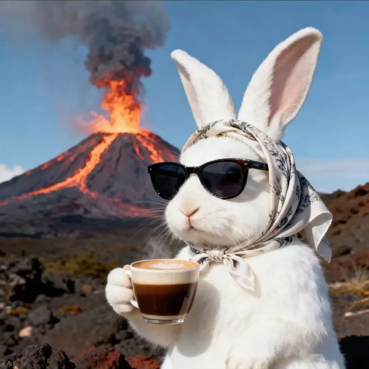 a white rabbit wearing sunglasses and holding a cup of coffee in front of a volcano