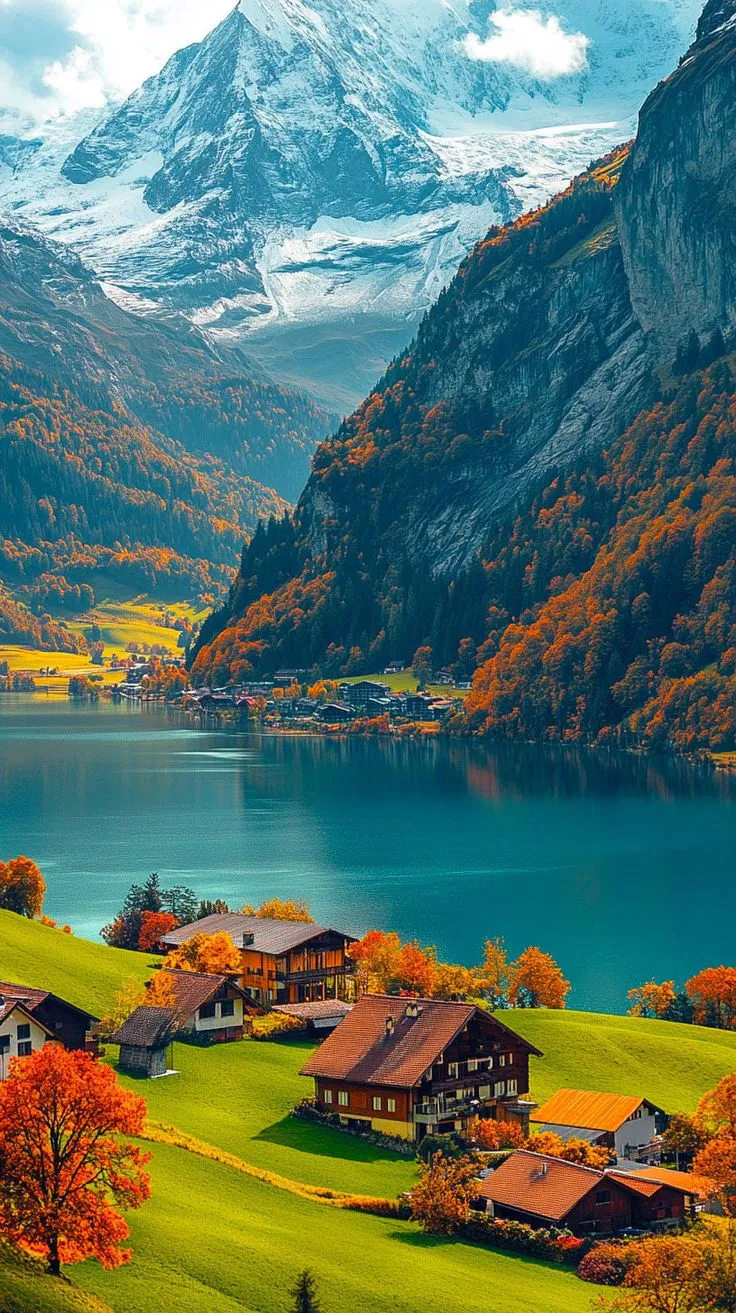 a scenic view of a mountain lake with houses in the foreground