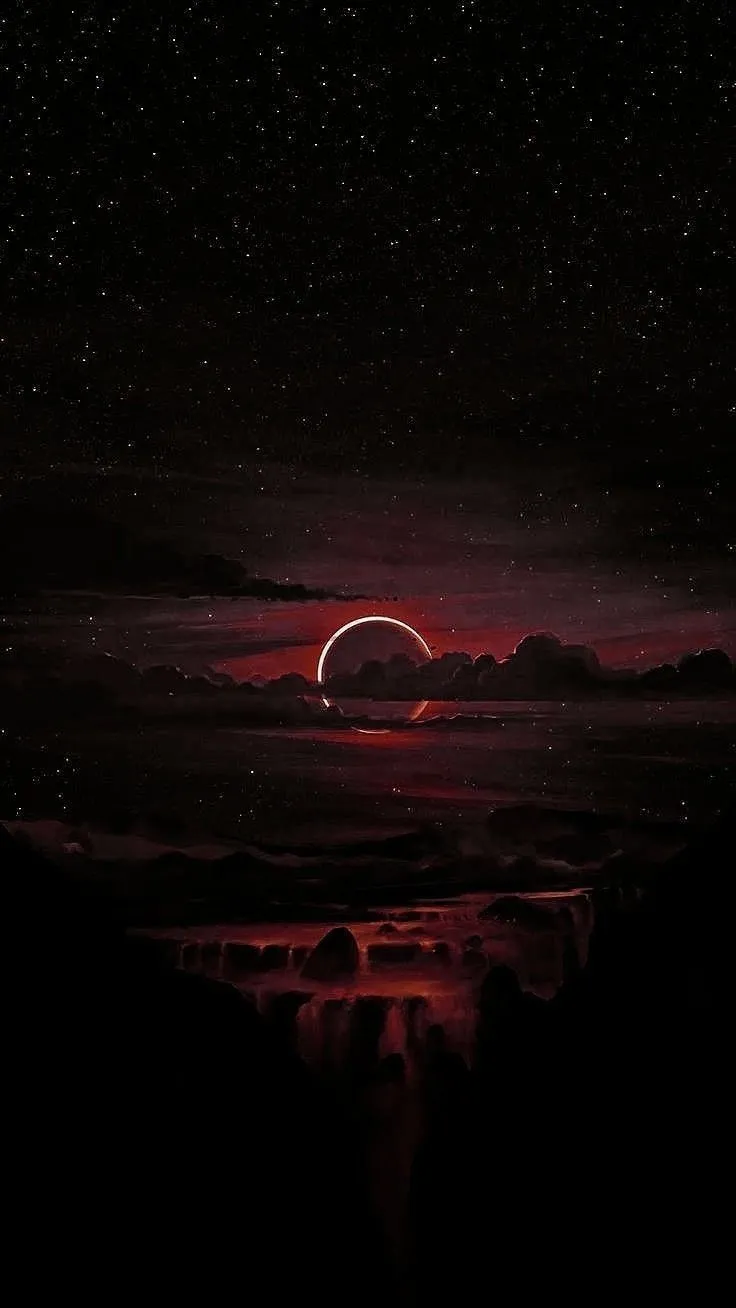 an eclipse in the night sky with stars and clouds above it, as well as mountains