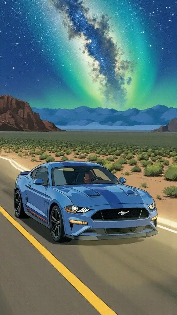 a painting of a blue mustang driving down the road in front of an aurora bore