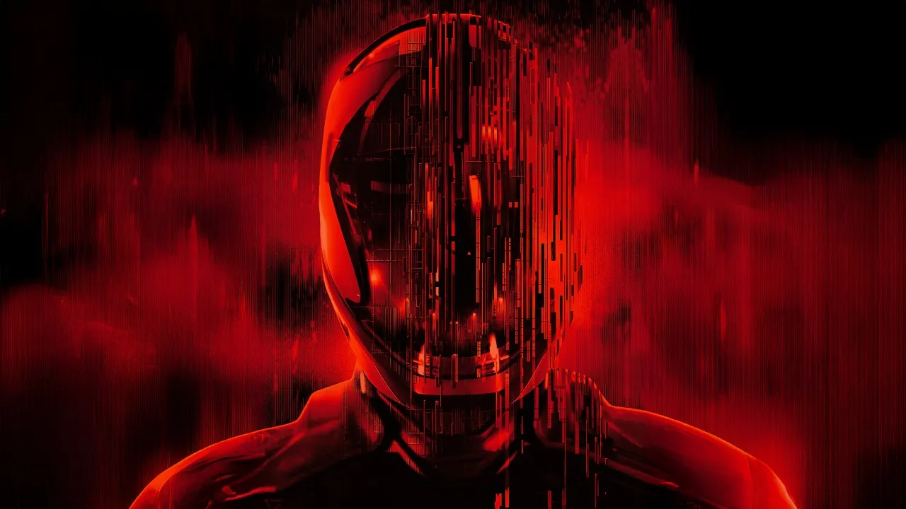 Tron: Ares, Glitch, Red, 5K, 8K, 2025 Movies, Dark background, Helmet, Fragments