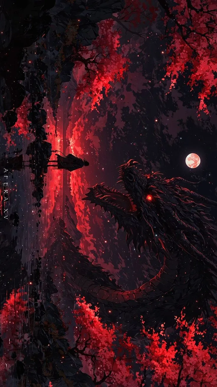 an image of a dragon in the woods at night with full moon and red leaves