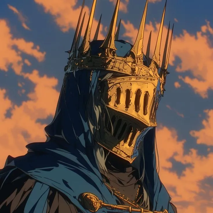 a man with a crown on his head in front of some clouds and blue sky