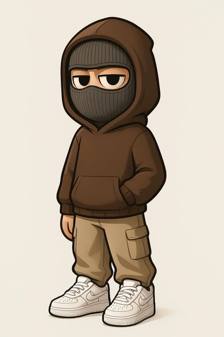 a cartoon character wearing a hoodie and khaki pants