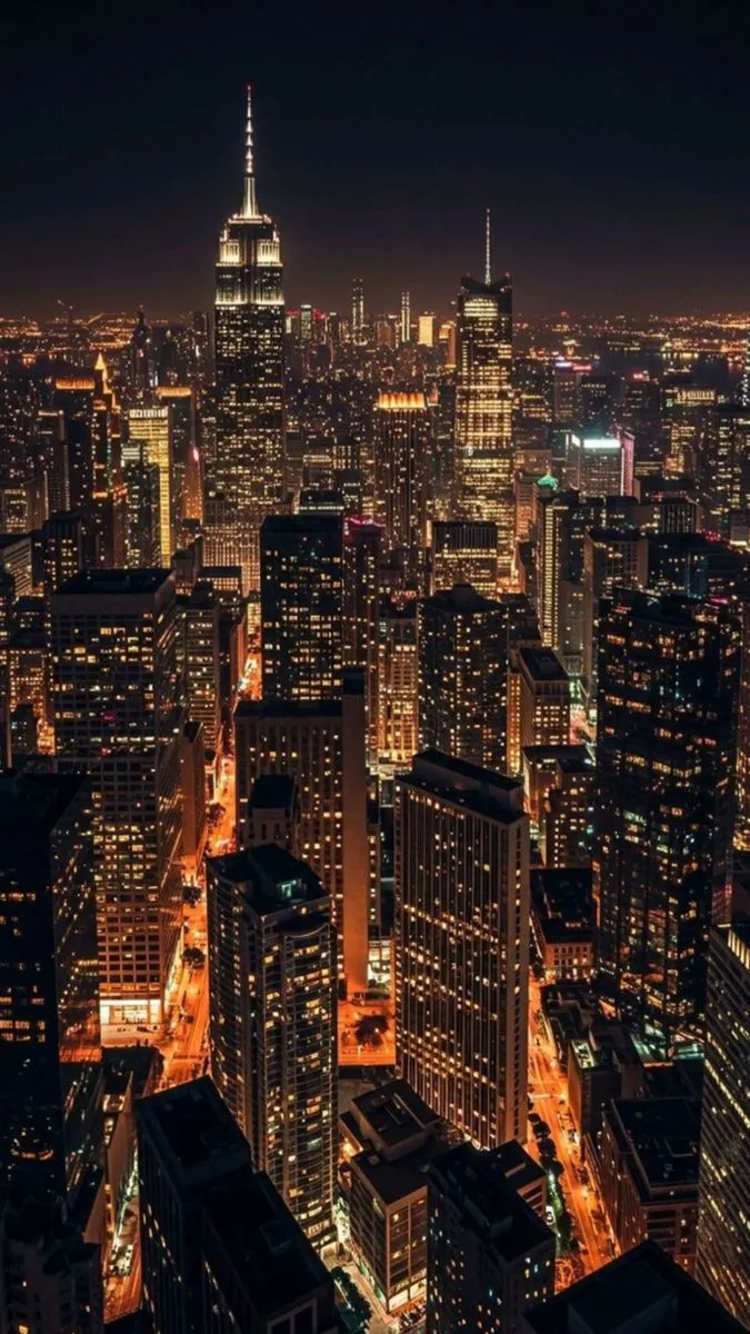 an aerial view of the city at night from above, looking down on skyscrapers