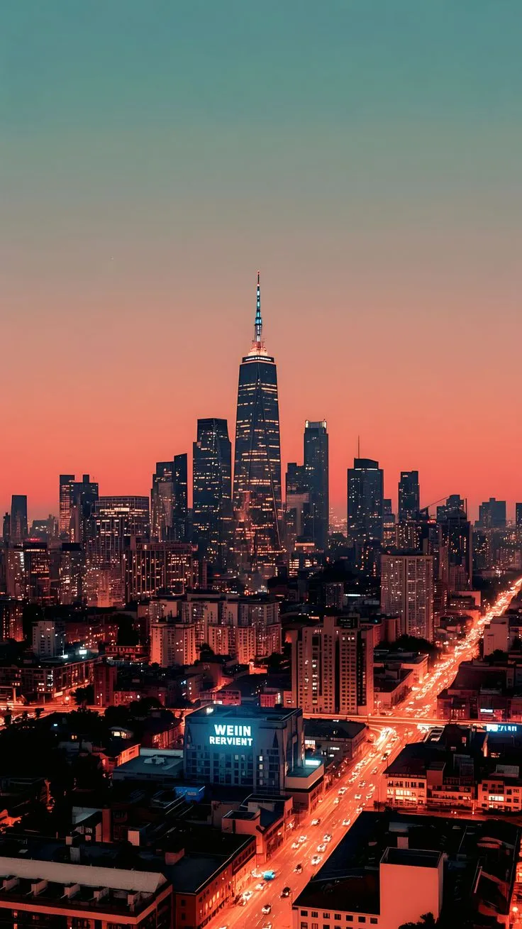 an aerial view of a city at night with cars driving on the road and skyscrapers in the background