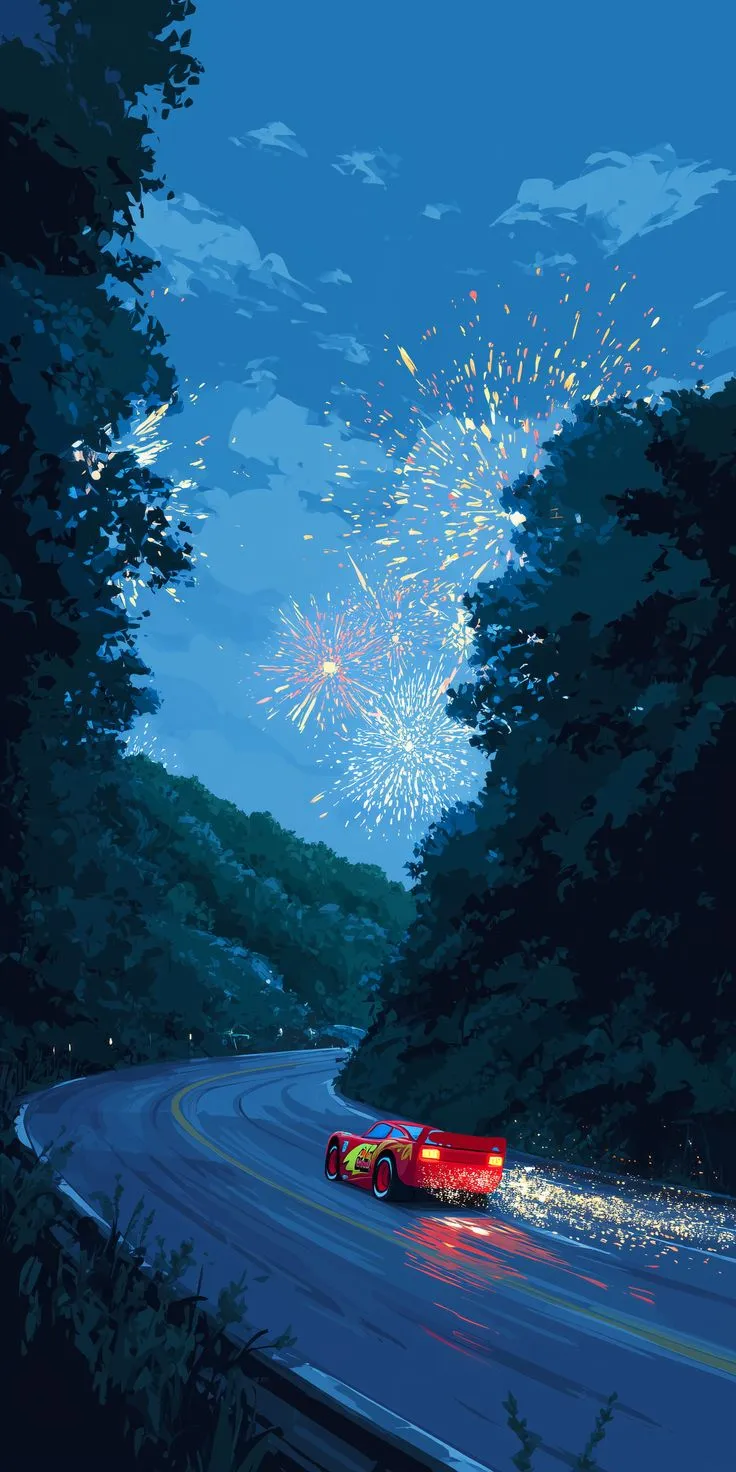 a red car driving down a road with fireworks in the sky above it and trees on either side