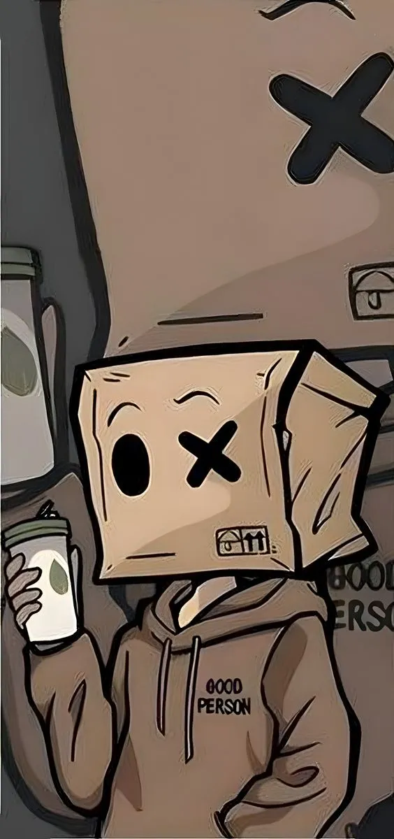 an image of a cartoon character with a box on his head holding a drink in one hand and a cell phone in the other