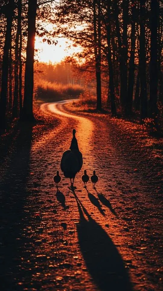 a flock of birds walking down a road next to tall trees at sunset with the sun setting behind them