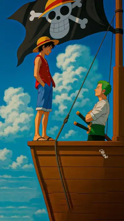 one piece standing on top of a boat with a pirate flag in the air next to another man