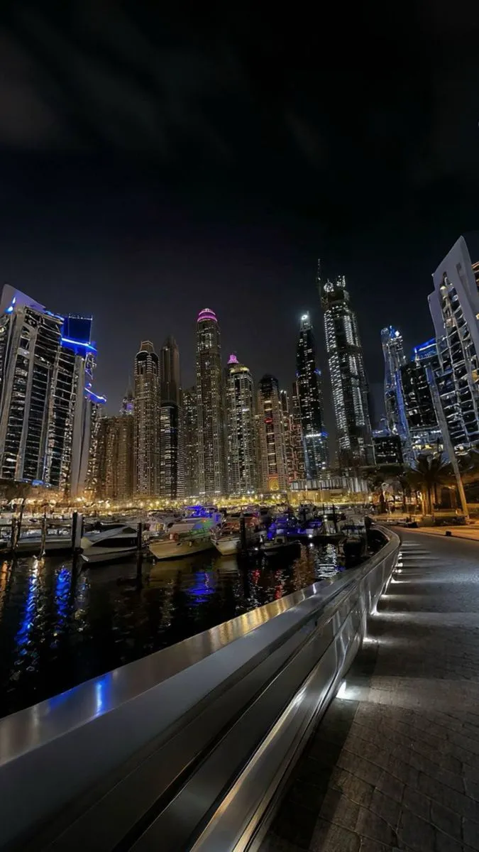 the city skyline is lit up at night, with boats in the water and skyscrapers