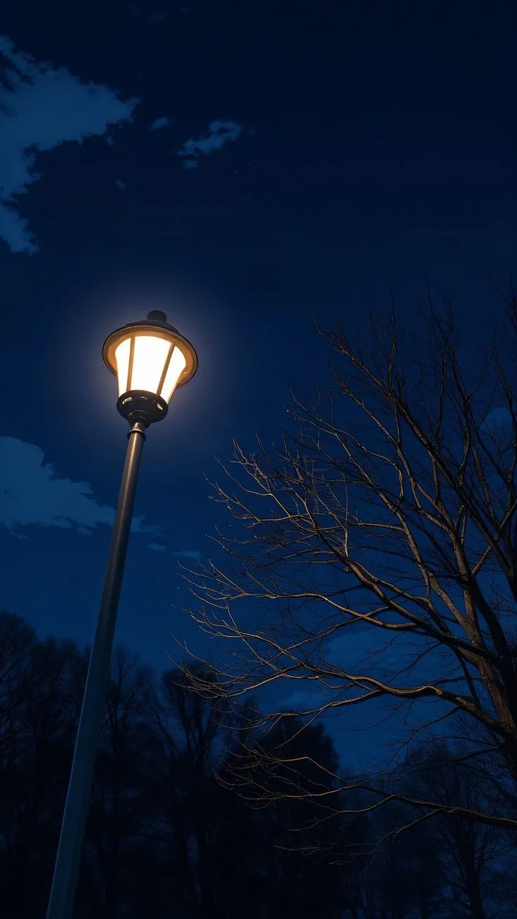 a lamp post lit up at night with trees in the background