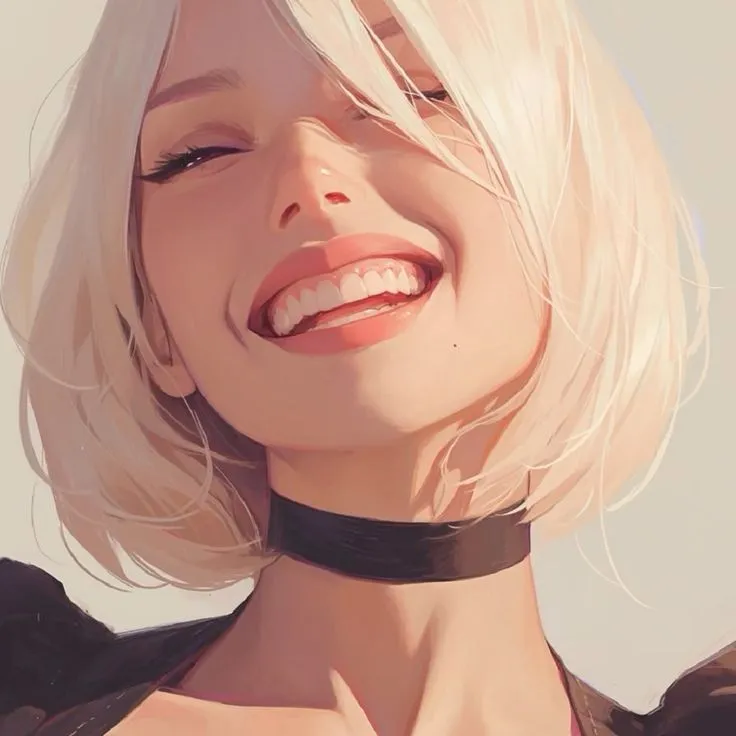 a woman with blonde hair wearing a black choker and looking to the side smiling