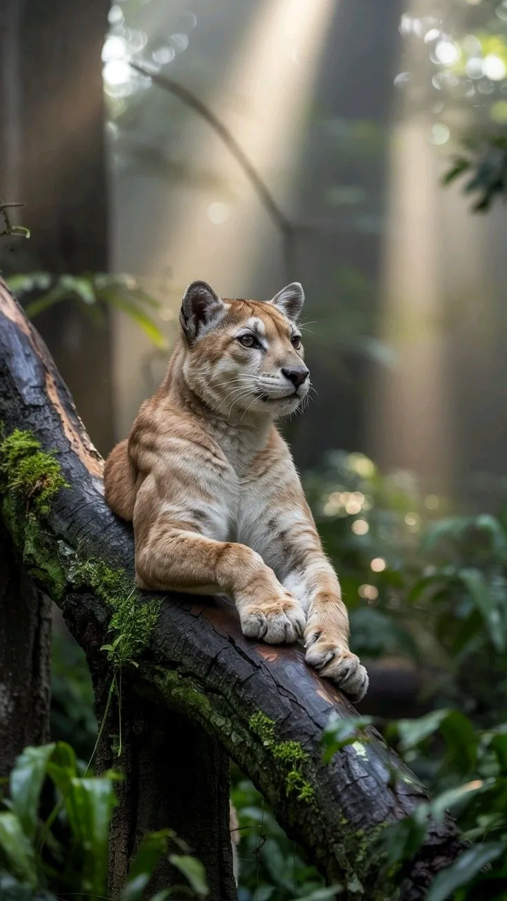 a cougat is sitting on a tree branch in the middle of a forest