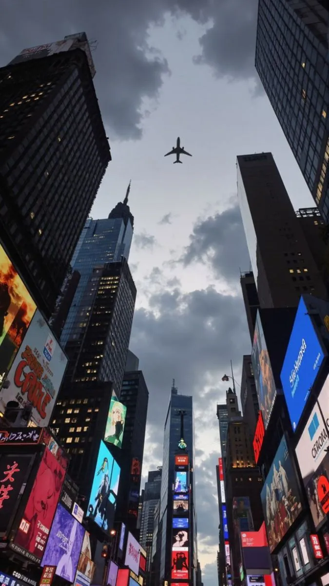 an airplane flying over a city filled with tall buildings and billboards in the sky