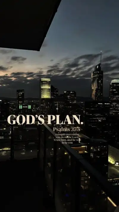 the words god's plan are lit up in front of a cityscape