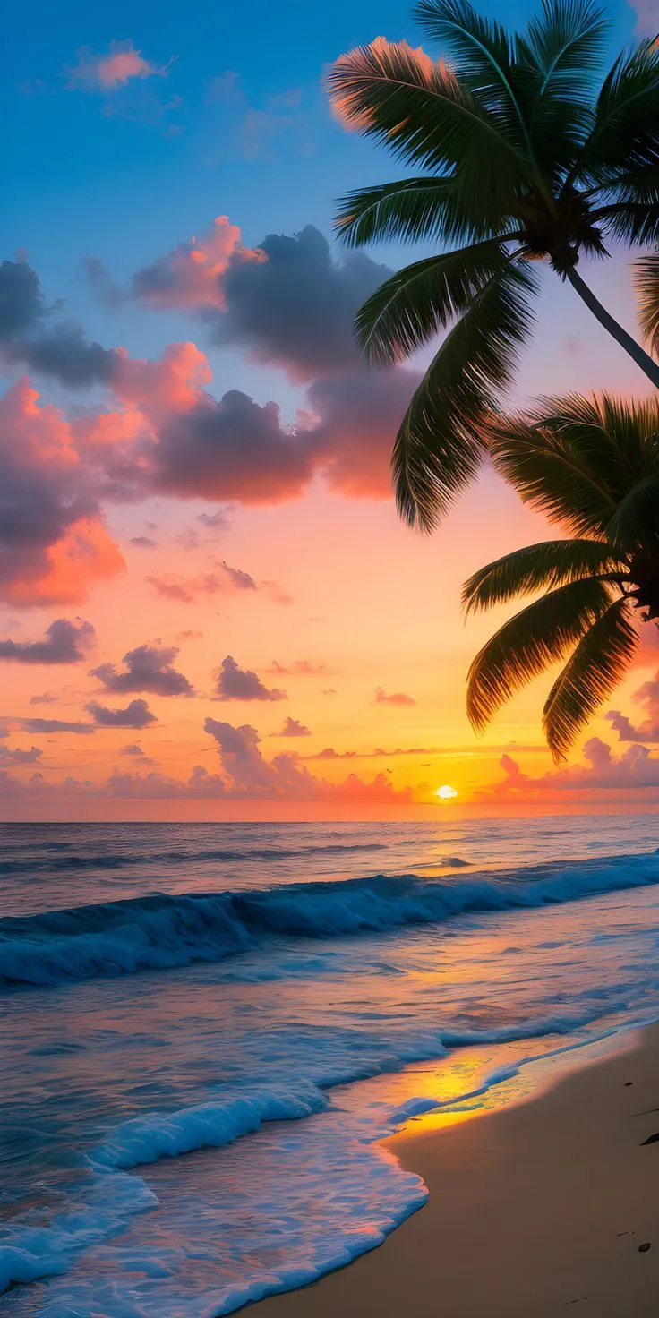 the sun is setting over the ocean with palm trees on the beach and waves coming in