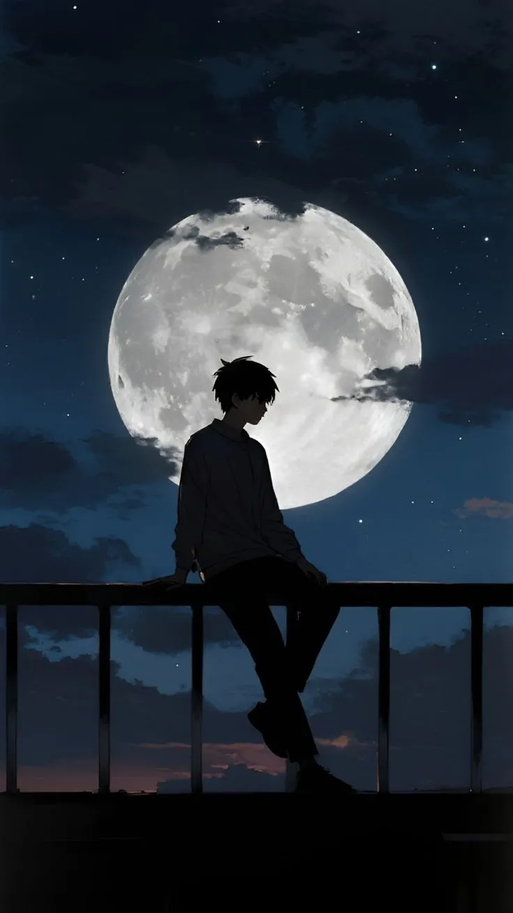 a person sitting on a railing looking at the moon in the sky with clouds and stars