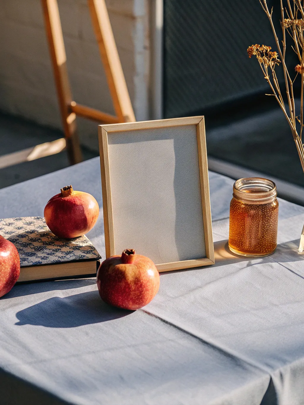 A table with a white tablecloth. On the table are...