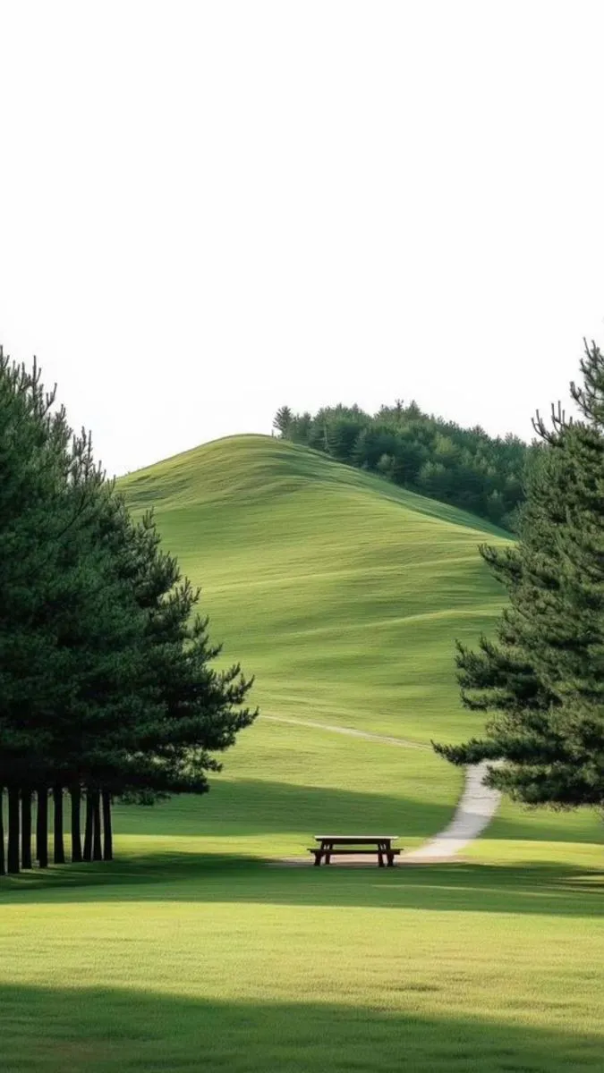 a park bench sitting in the middle of a lush green field next to tall trees