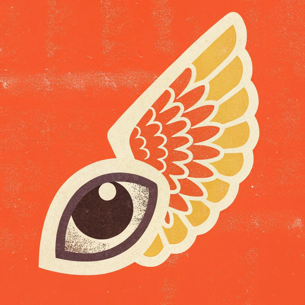 A sticker in the shape of an eye with wings....
