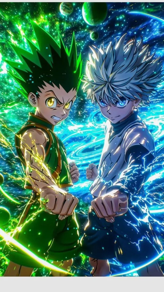 two anime characters standing next to each other in front of a blue and green background