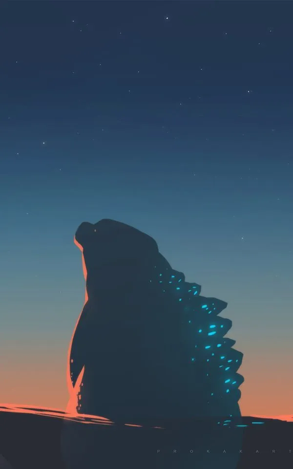 a large godzilla sitting on top of a body of water at night with the moon in the background