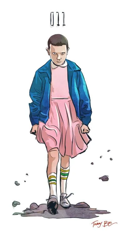 a drawing of a man in a pink dress and blue jacket with the number 11 above his head