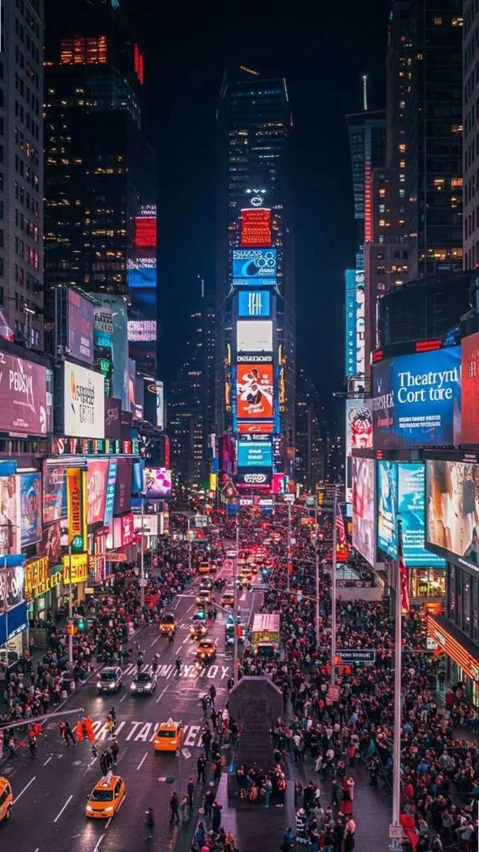 a busy city street filled with lots of traffic and tall buildings at night in times square