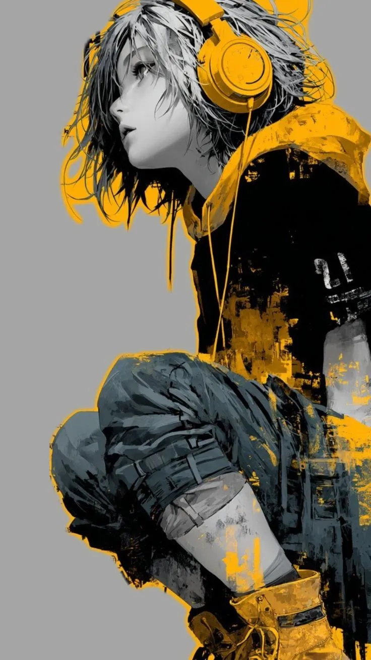 a person with headphones on sitting in front of a yellow and black background,