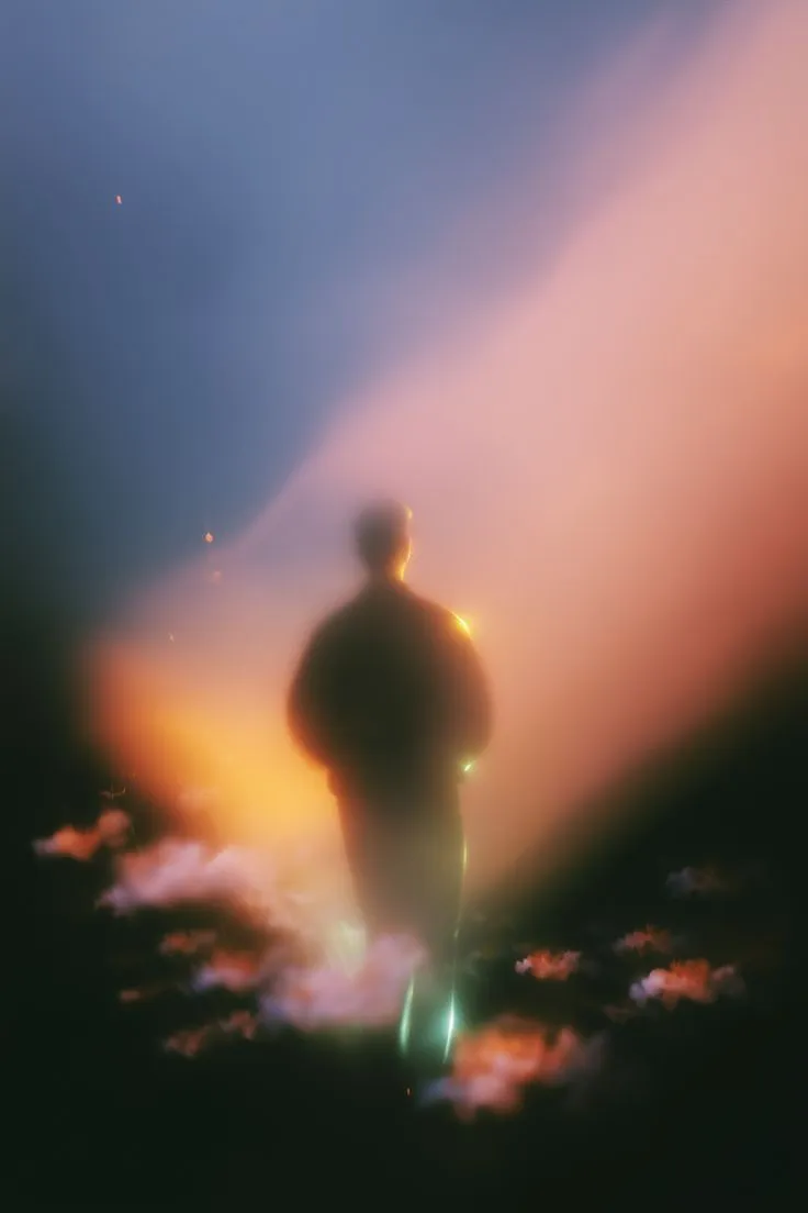 a man standing on top of a cloud covered sky next to a bright orange and blue light