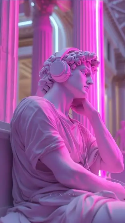a woman with headphones sitting on a bench in front of pink lights and columns
