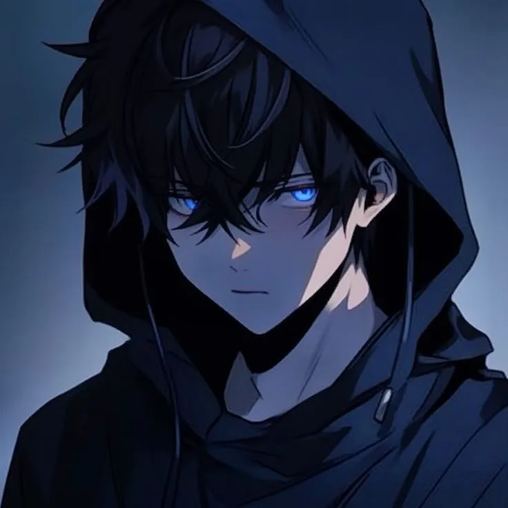 an anime character with blue eyes wearing a hoodie