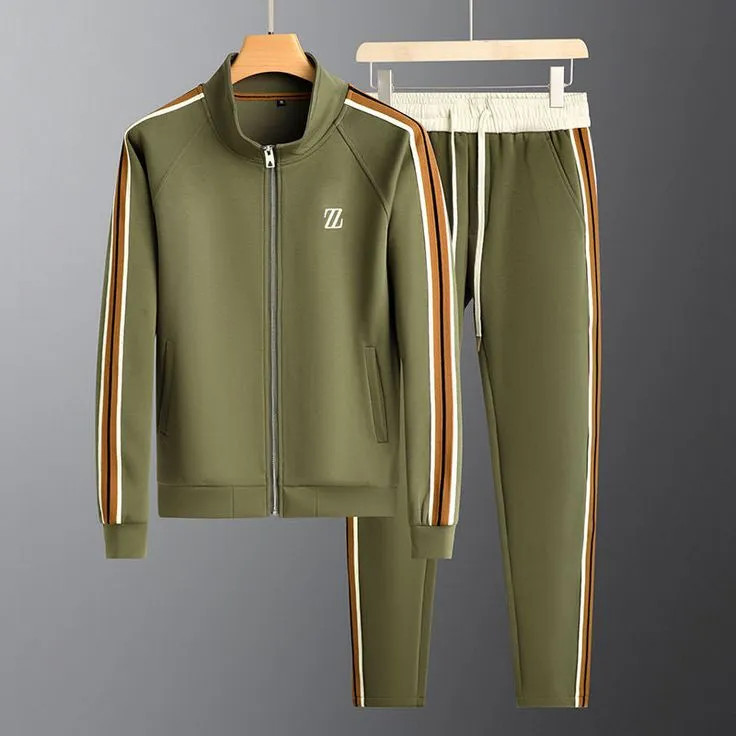 Vera | Men's Striped Full-Zip Track Set - Olive Green / XL