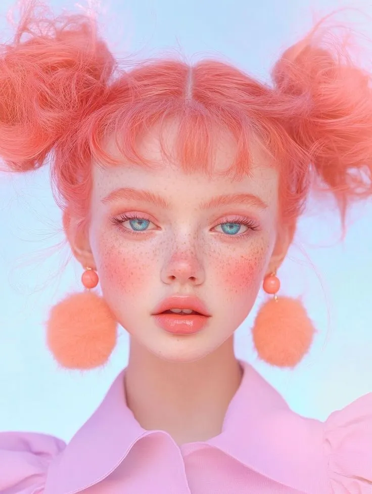 a young woman with pink hair and freckles on her head is wearing orange earrings