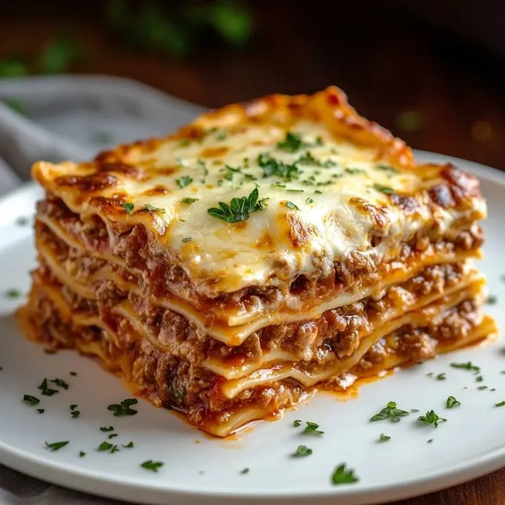 a stack of lasagna on a white plate