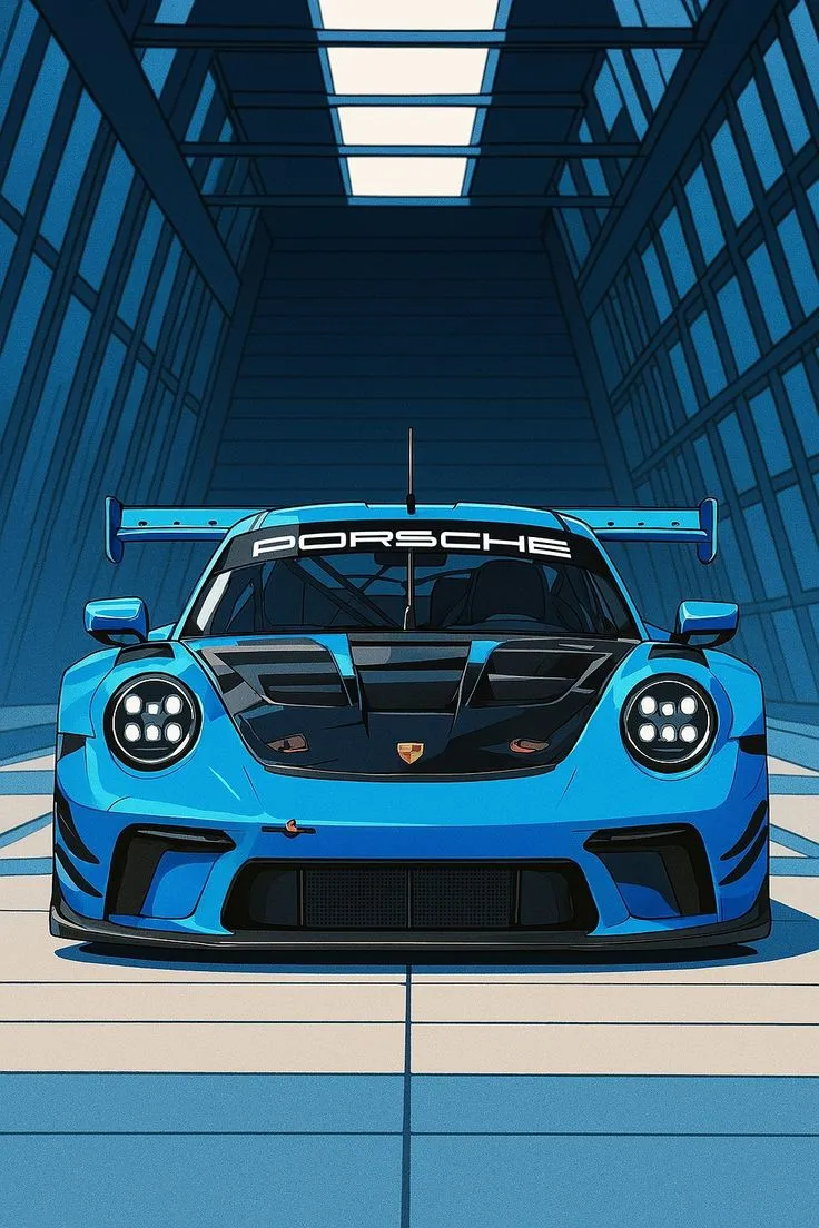 a blue sports car is parked in an empty garage with its hood up and lights on