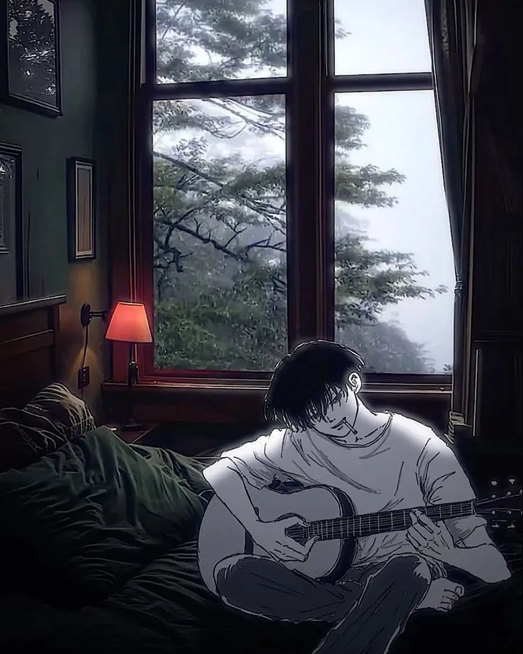 a person sitting on a bed with a guitar in front of a window and trees outside