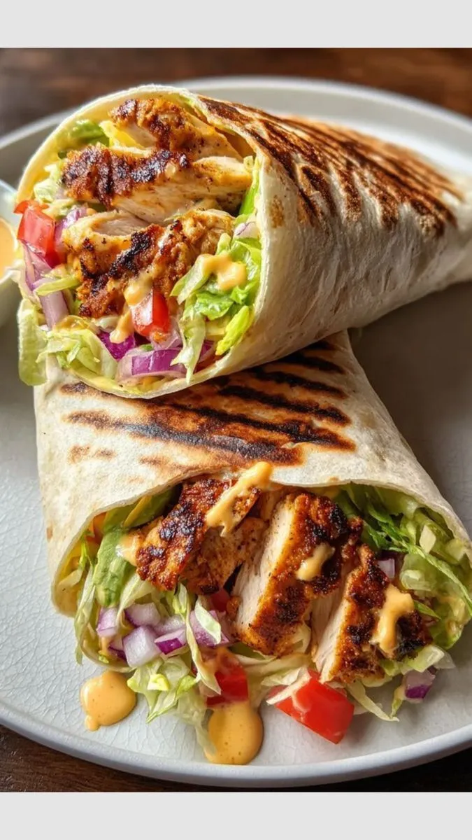 two chicken wraps with lettuce and tomatoes on a plate