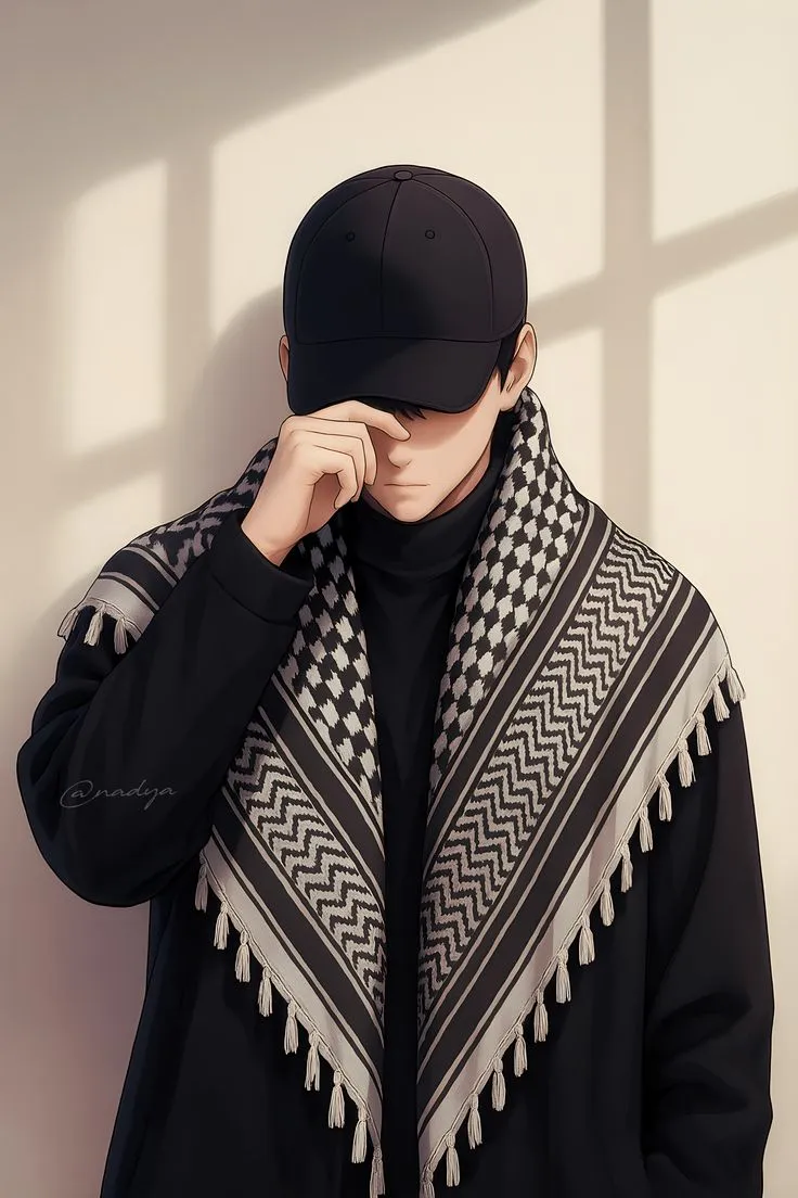 a man wearing a black hat and scarf standing in front of a wall with his hand on his face