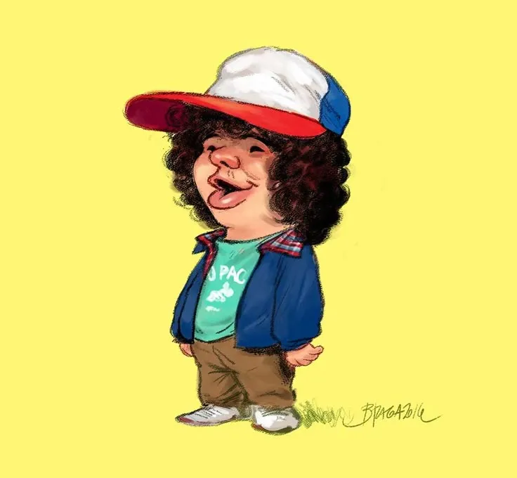 a drawing of a child wearing a red and white hat with his tongue sticking out