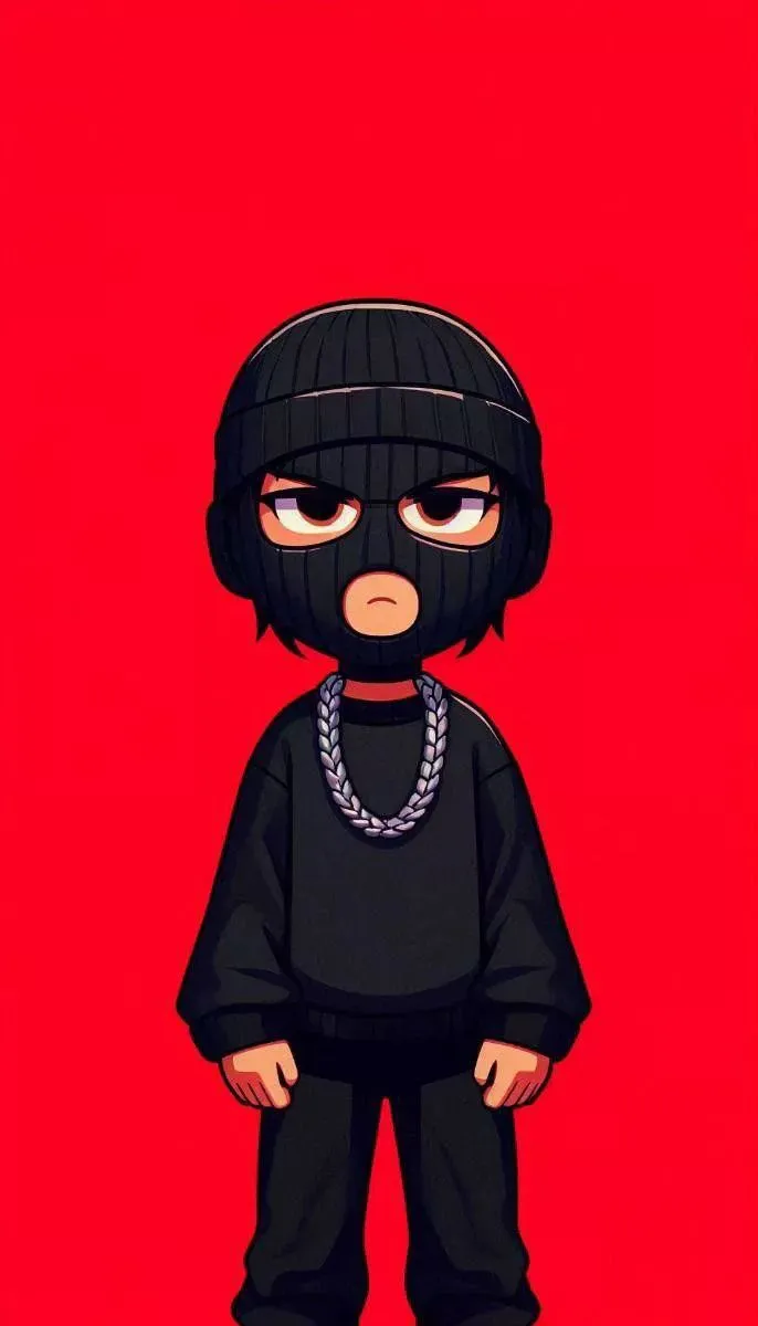 a drawing of a person wearing a black outfit and chain around their neck, standing in front of a red background