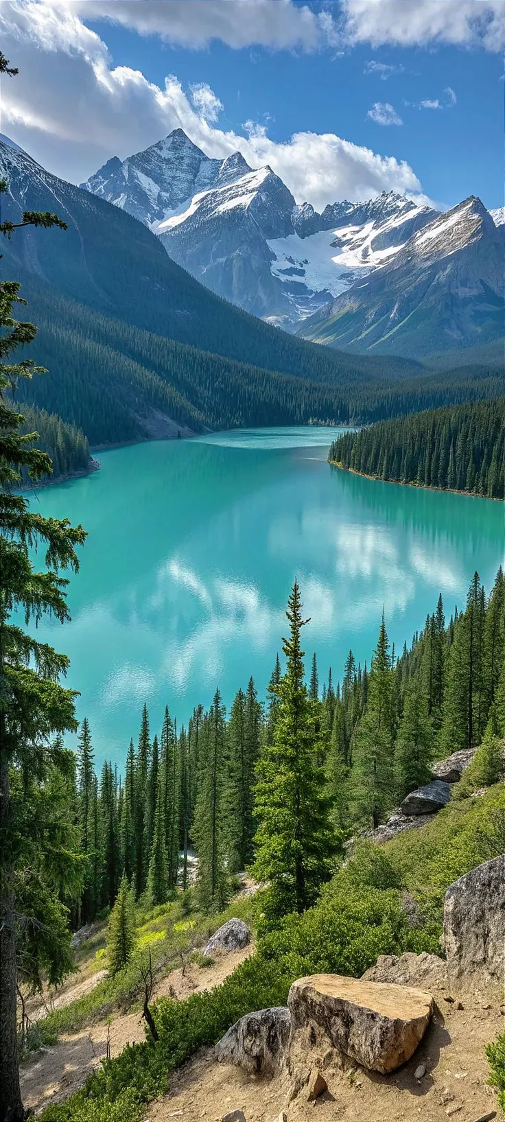 a scenic view of a mountain lake surrounded by pine trees