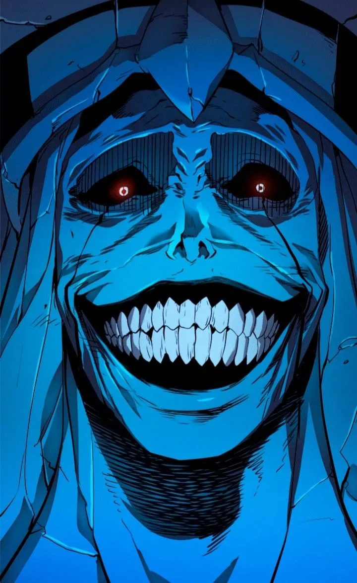 an animated image of a smiling woman with red eyes