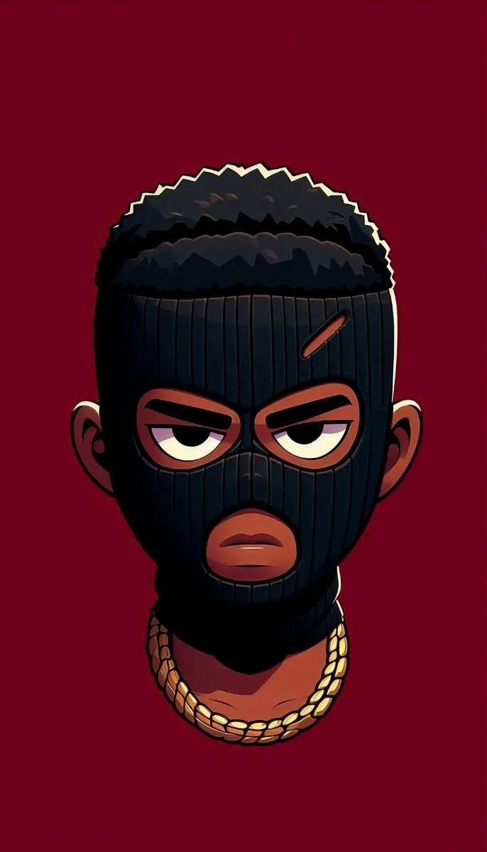 a man wearing a black mask with chains on his neck and eyes closed, in front of a red background