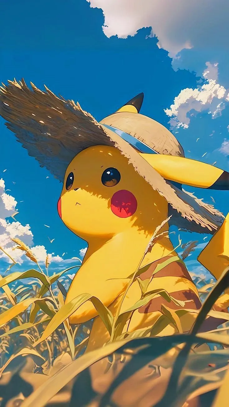 the pikachu is standing in tall grass with his hat on and eyes closed