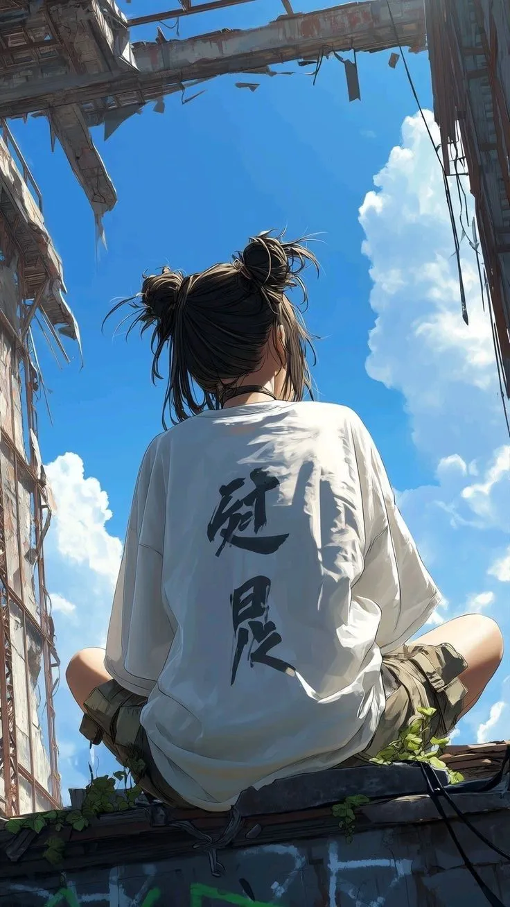 a woman sitting on top of a roof with her hair in the air and looking up into the sky